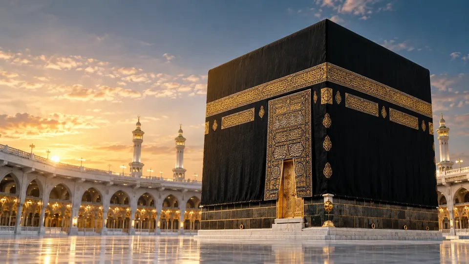 Akşam ışığında Kâbe ve Mescid-i Haram, arkada saat kulesi
